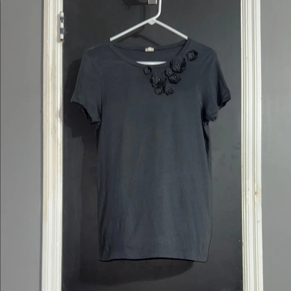 J. Crew Flower Cotton Crewneck Dark Gray Tee Boho Size: L